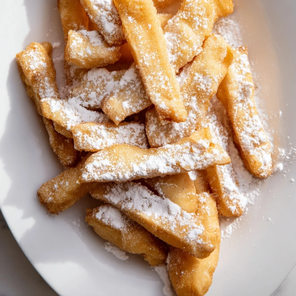 Golden-brown Beignet Fries piled high and dusted with sweet powdered sugar, ready for dipping.  