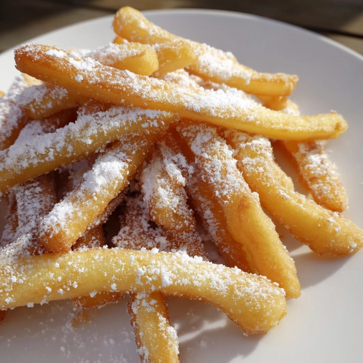 Warm, crispy Beignet Fries served on a rustic plate with a side of chocolate sauce.  