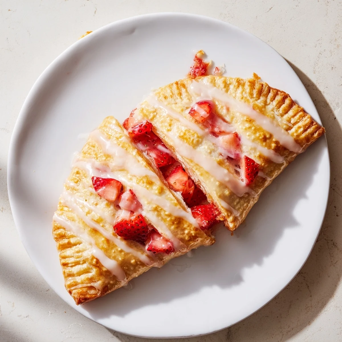 A close-up of freshly baked Strawberry Hand Pies with Glaze, featuring crimped edges and a glossy vanilla topping, perfect for a handheld dessert on a picnic.