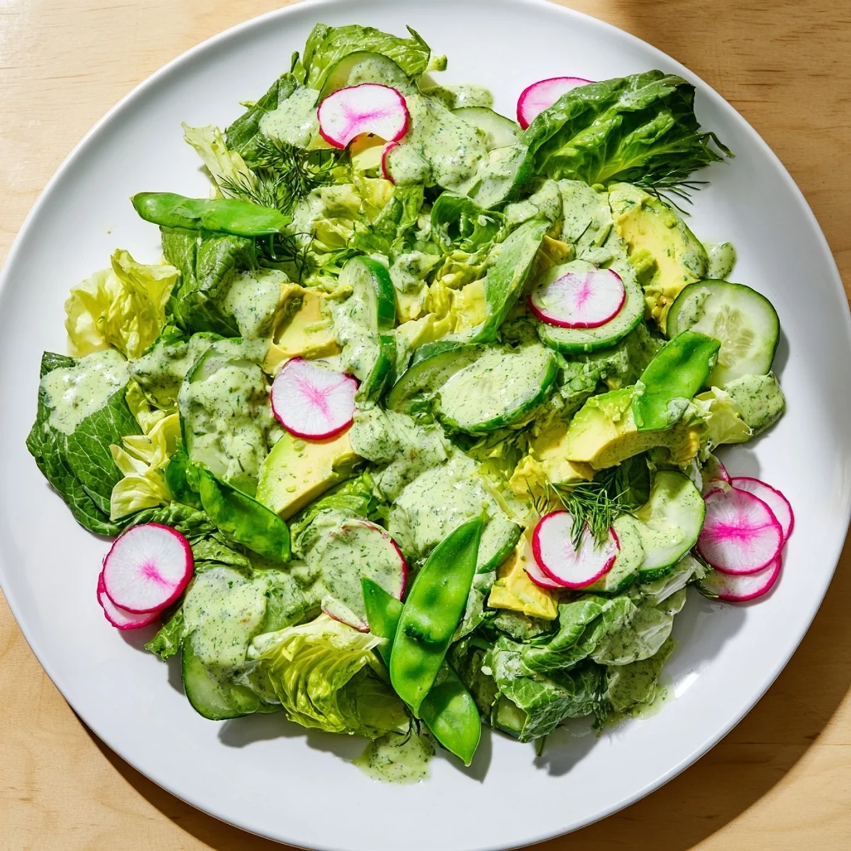 A fresh Green Salad with Green Goddess Dressing tossed with crisp romaine, cucumber, and creamy avocado slices.