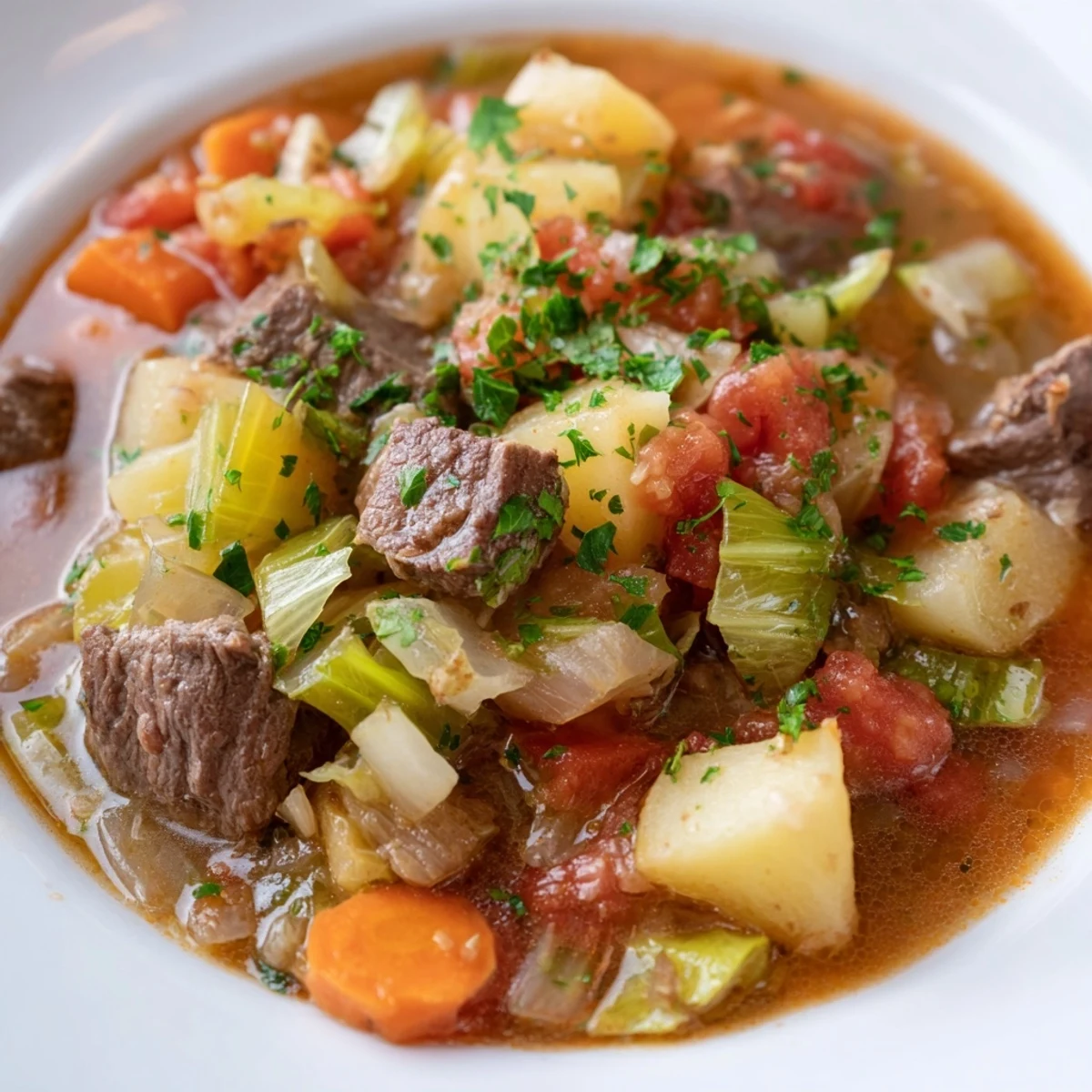 Cubes of tender beef, chopped cabbage, and potatoes swimming in a rich broth in a rustic bowl.