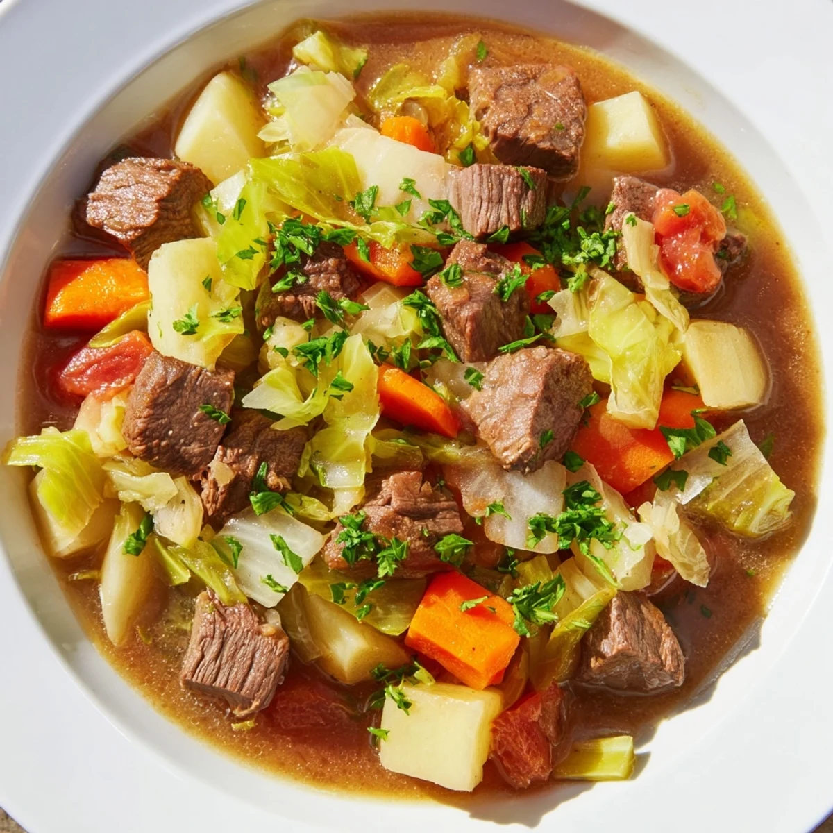 Steamy bowl of Cabbage and Beef Soup with Potatoes, showcasing carrots and celery alongside crusty bread.