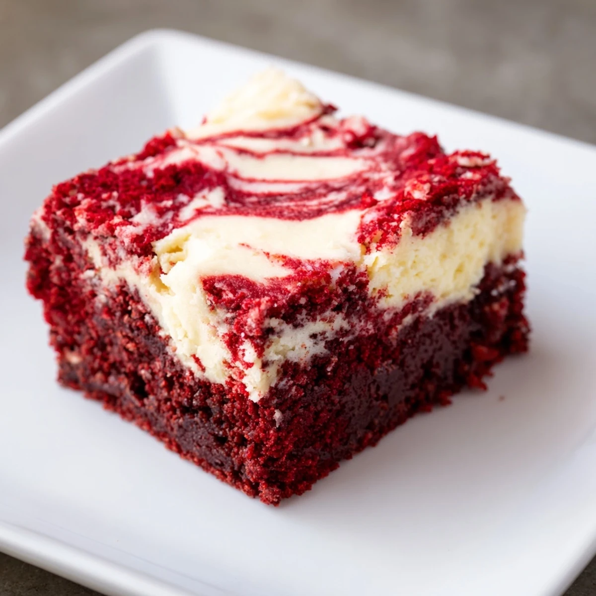 Close-up of rich Red Velvet Brownies with Cheesecake Swirl, showing glossy red crumbs and creamy white ribbons on a dessert plate.