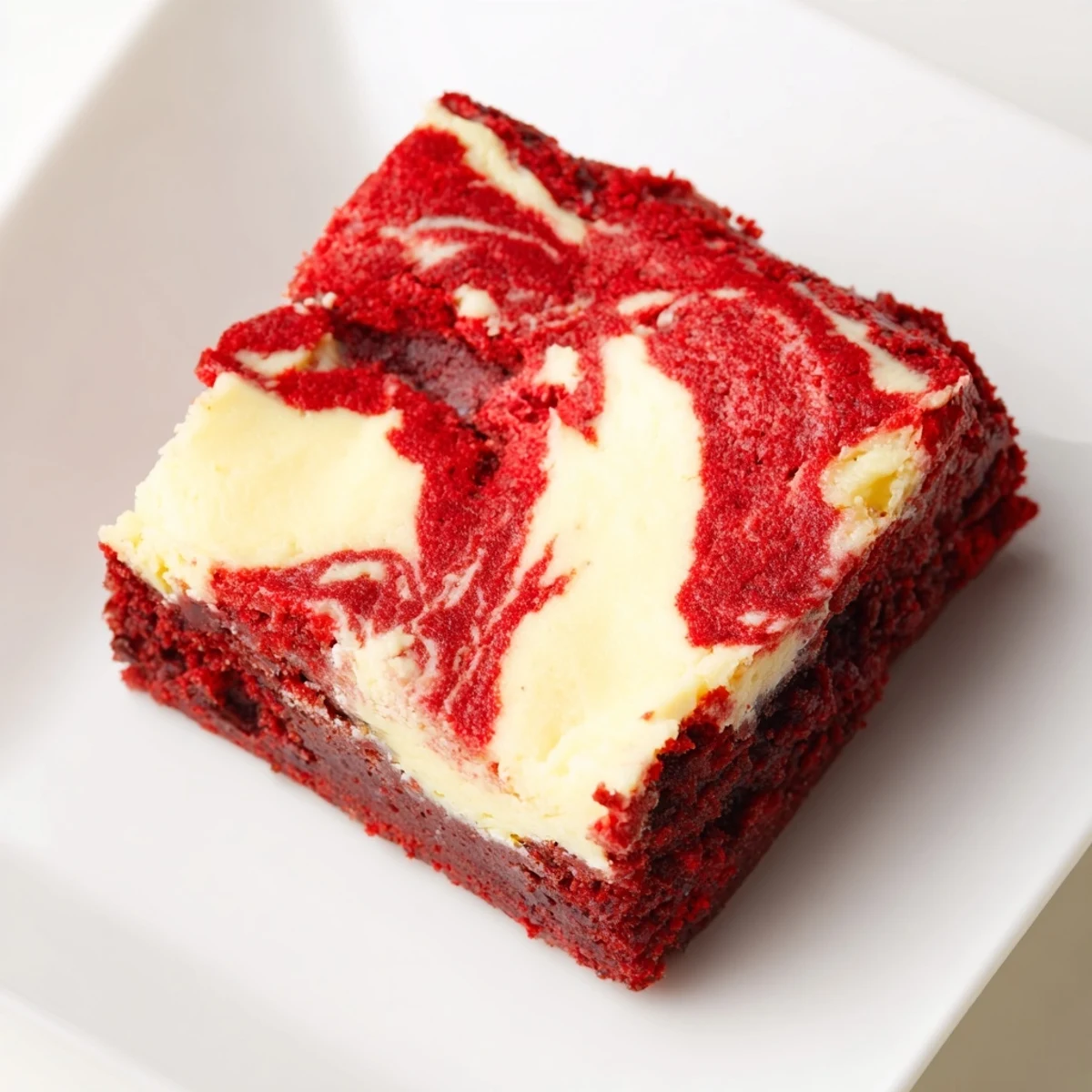 A baking pan of Red Velvet Brownies with Cheesecake Swirl, fresh from the oven with a glossy, marbled swirl topping.
