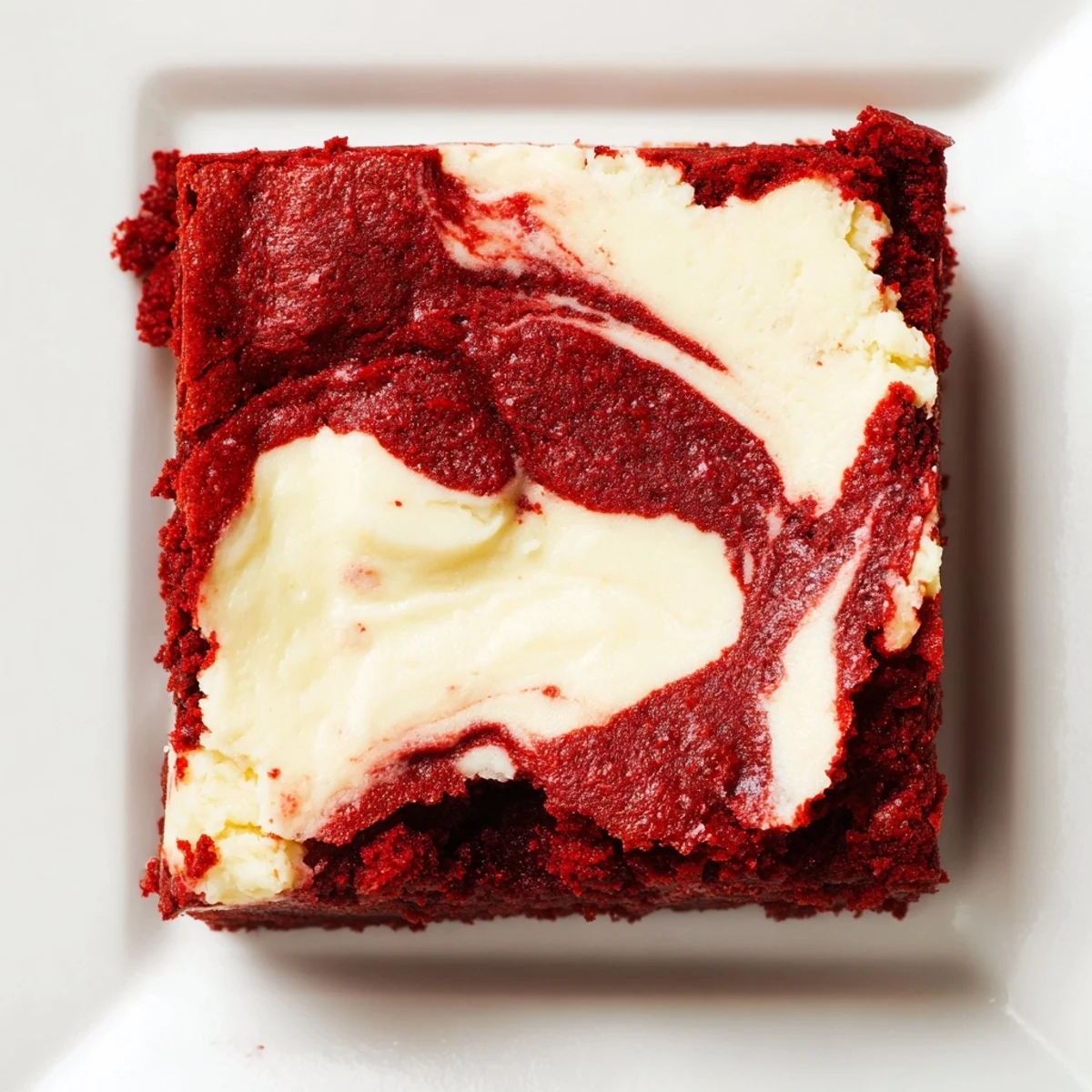 Thick, fudgy squares of Red Velvet Brownies with Cheesecake Swirl, plated on a rustic table next to a glass of cold milk.