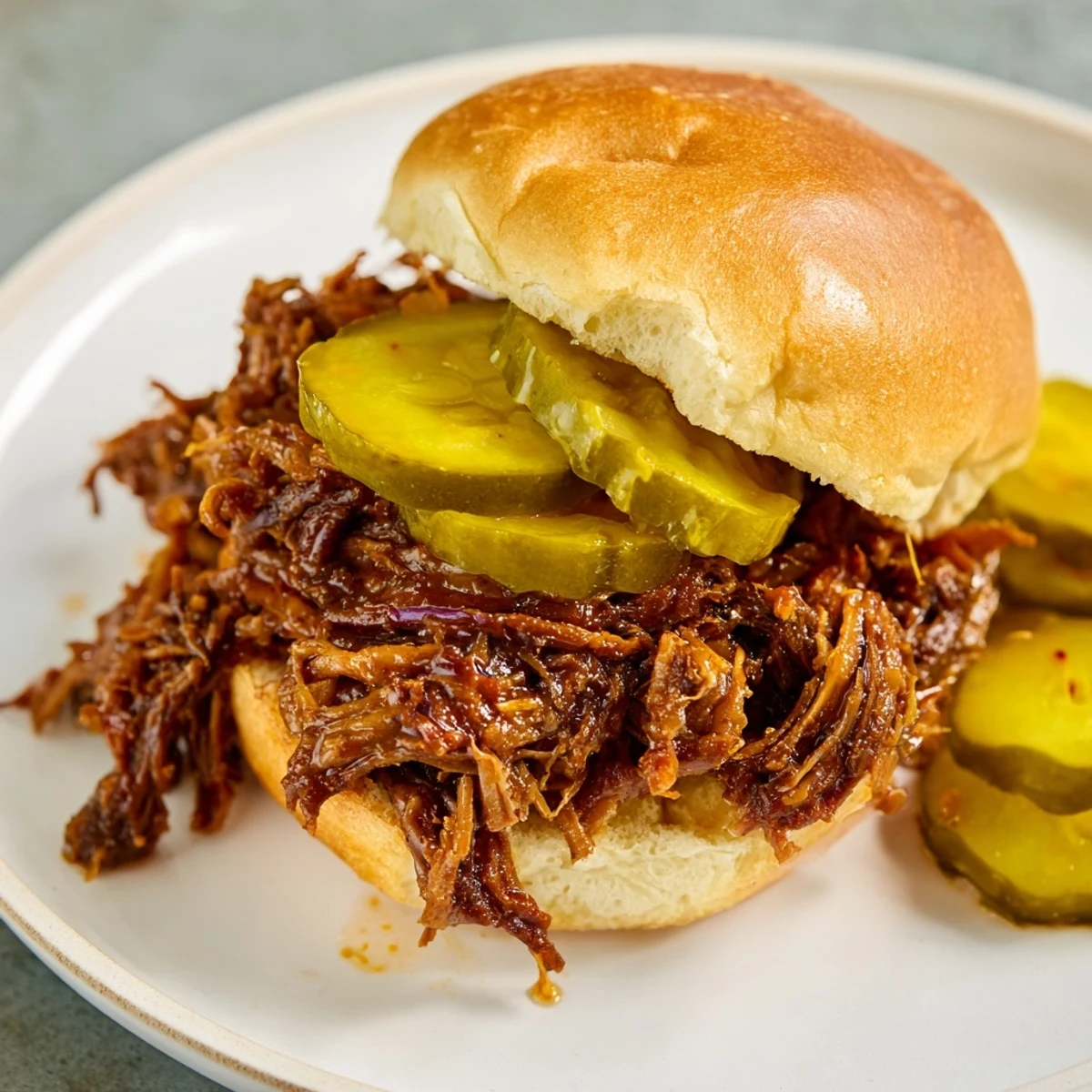 A close-up of juicy pulled beef sliders with glistening barbecue sauce, fresh pickles, and sliced red onions on soft buns.