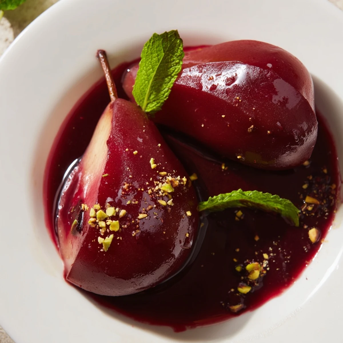 Poached Pears in Grape Juice Syrup simmered in a fragrant purple syrup until tender, garnished with mint.