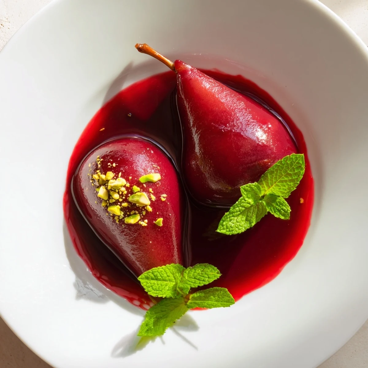 Poached Pears in Grape Juice Syrup served warm in shallow bowls, drizzled with syrup and crushed pistachios.