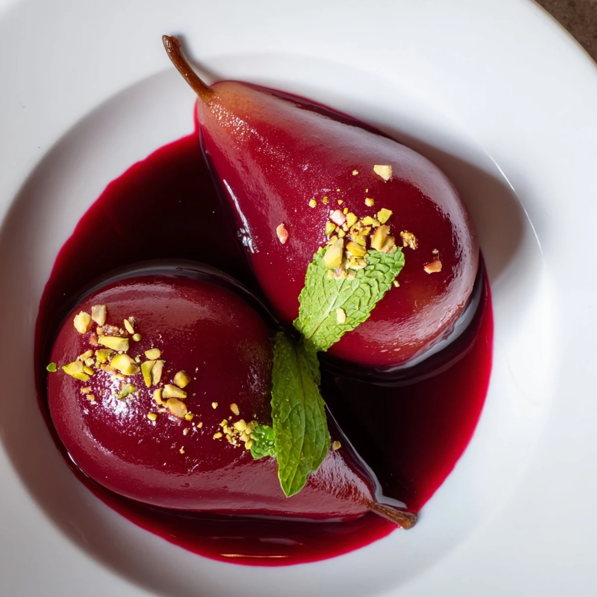 Four glistening halves of Poached Pears in Grape Juice Syrup on a platter, with cinnamon stick and star anise.