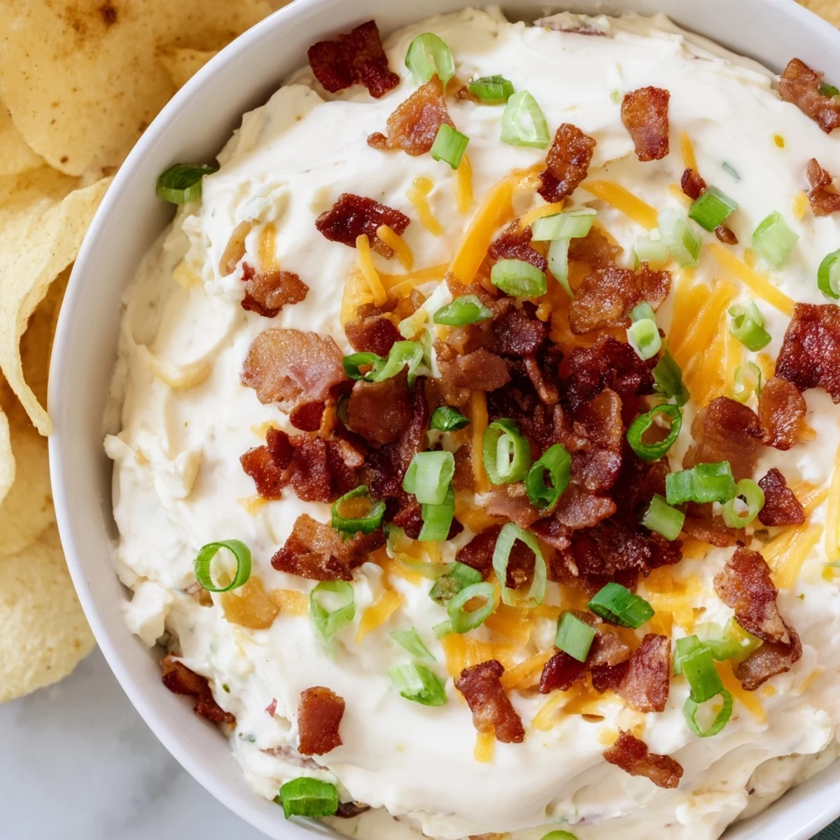 Thick-cut potato chips surround the savory dip, perfect for a game day snack or party.