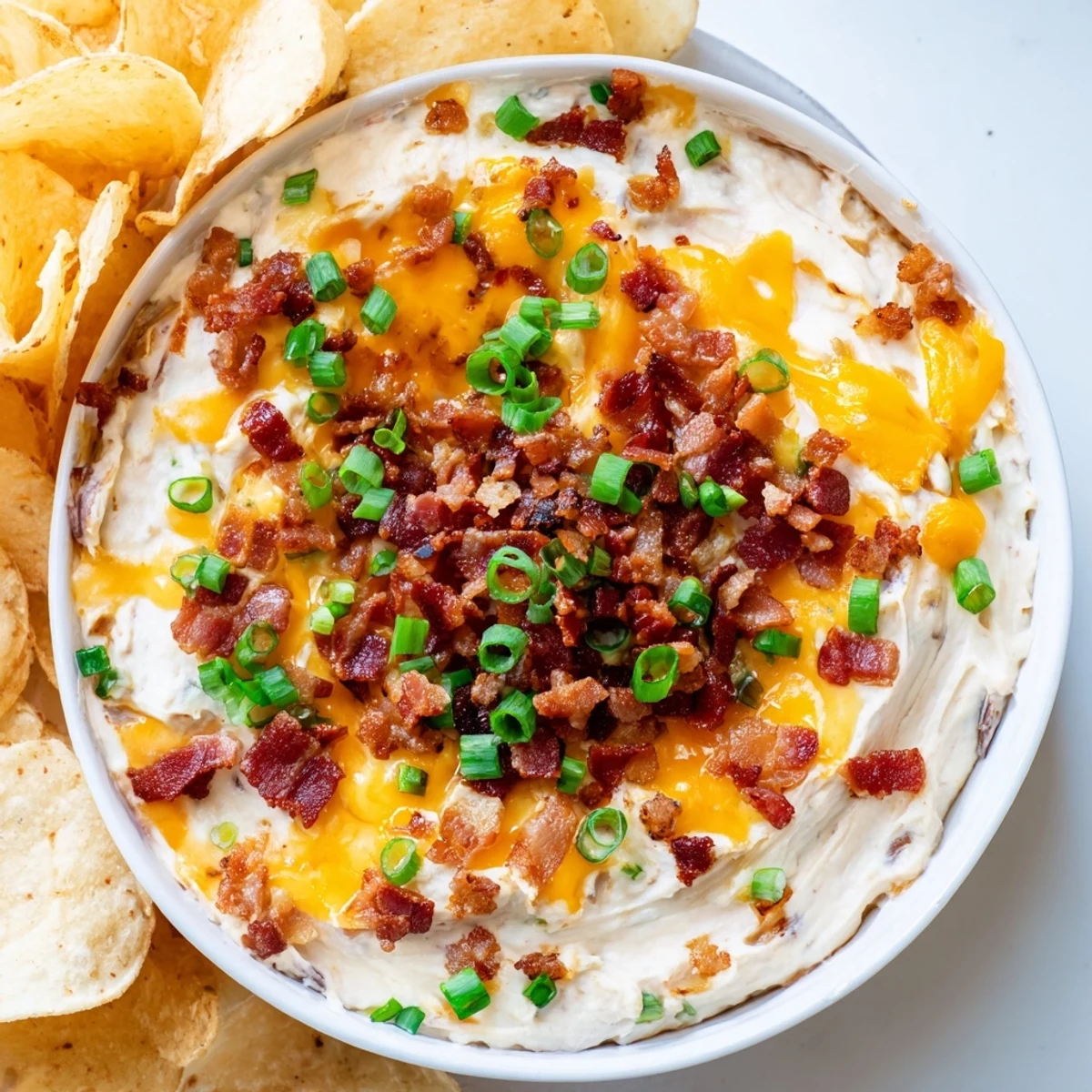 Creamy loaded baked potato dip topped with crumbled bacon, chives, and green onions in a bowl.