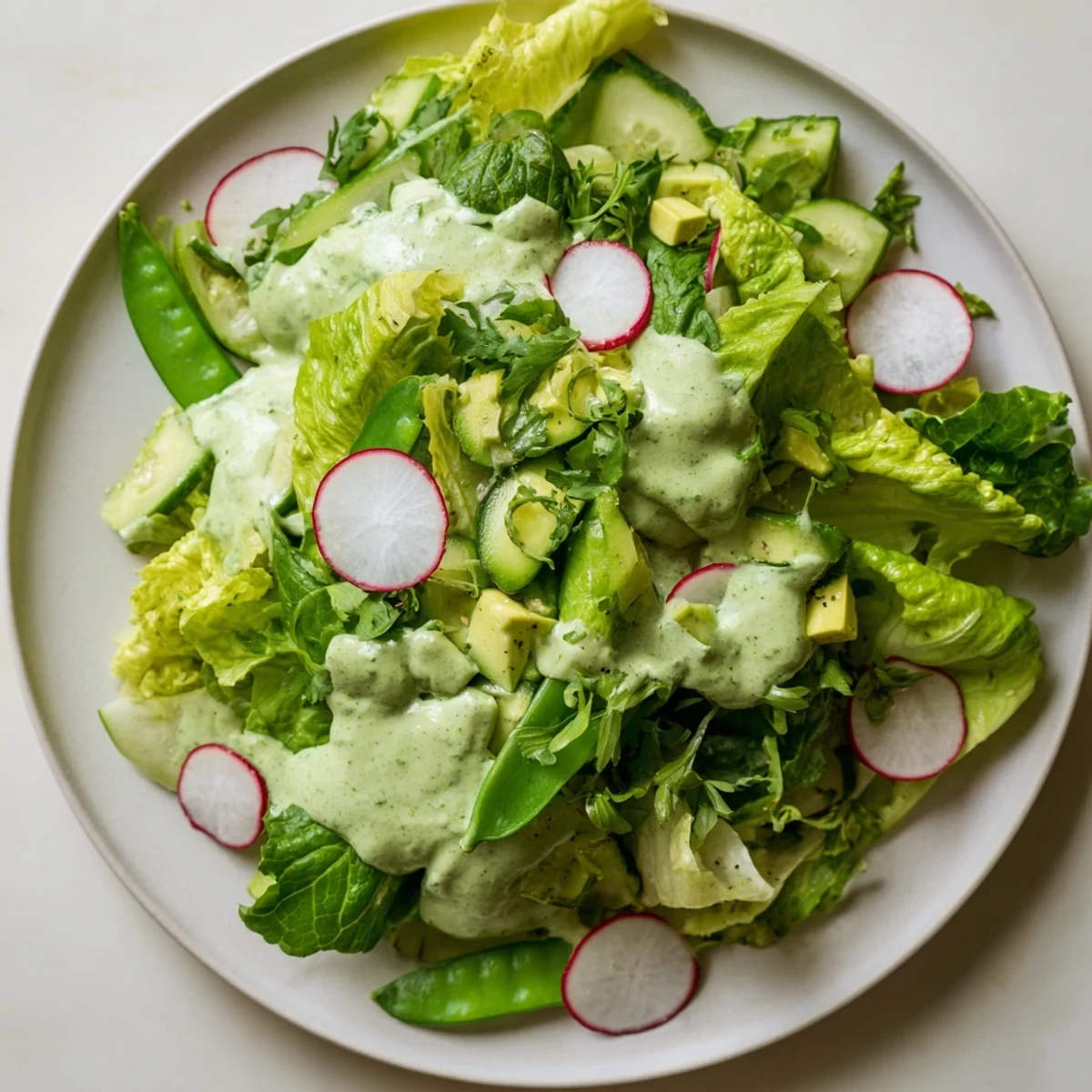 A close-up of Green Salad with Green Goddess Dressing showcasing sliced radishes, sugar snap peas, and fresh herbs, ready to be served as a refreshing side dish for lunch.