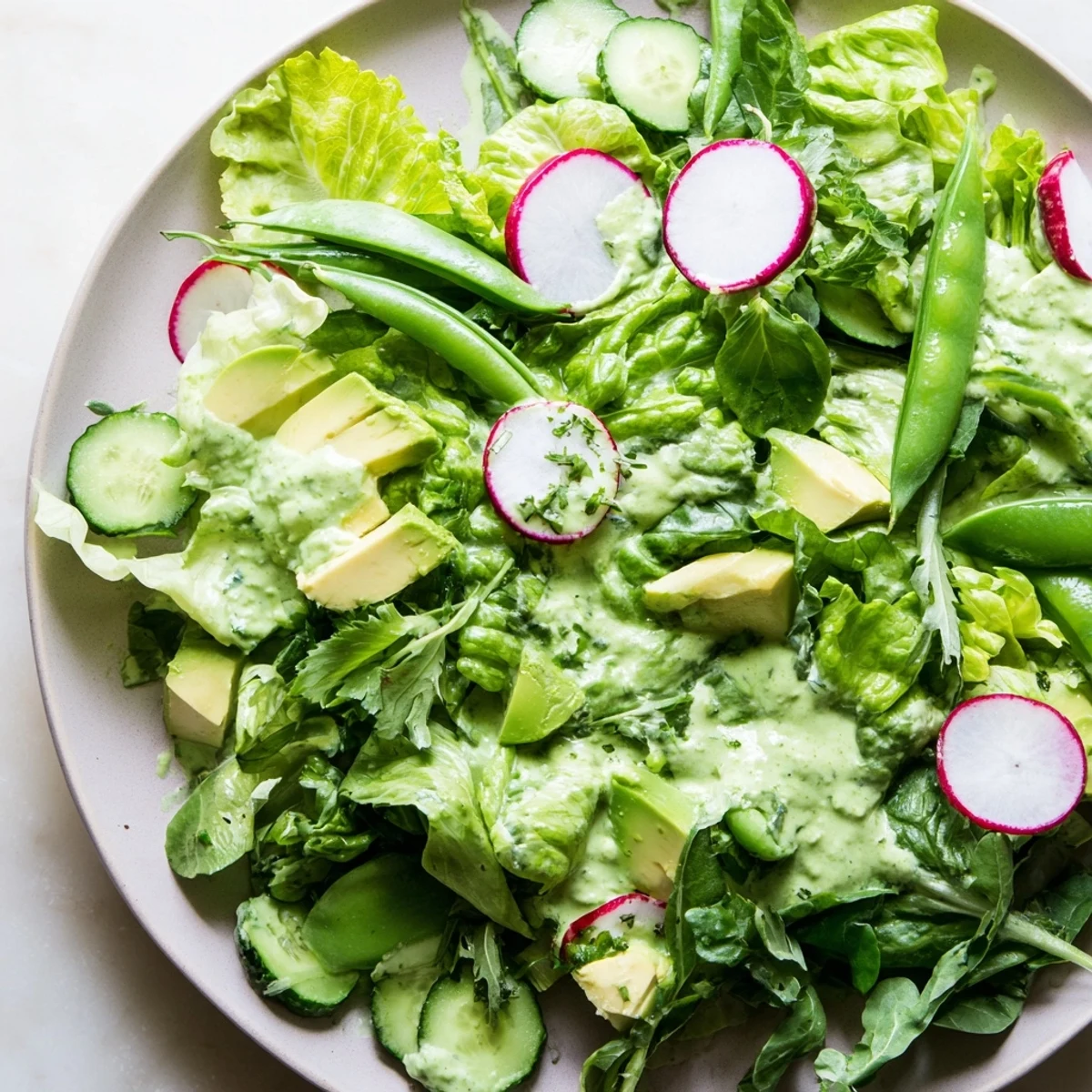 Freshly prepared Green Salad with Green Goddess Dressing tossed with mixed greens, featuring a drizzle of creamy dressing and bright pops of radish and cucumber for a healthy meal.