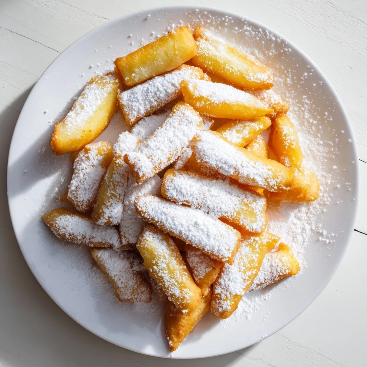 Golden brown Beignet Fries with Powdered Sugar piled high on a plate, ready to snack.