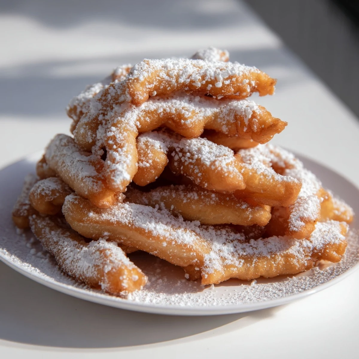 Homemade Beignet Fries with Powdered Sugar dusted heavily, resembling New Orleans style street food.
