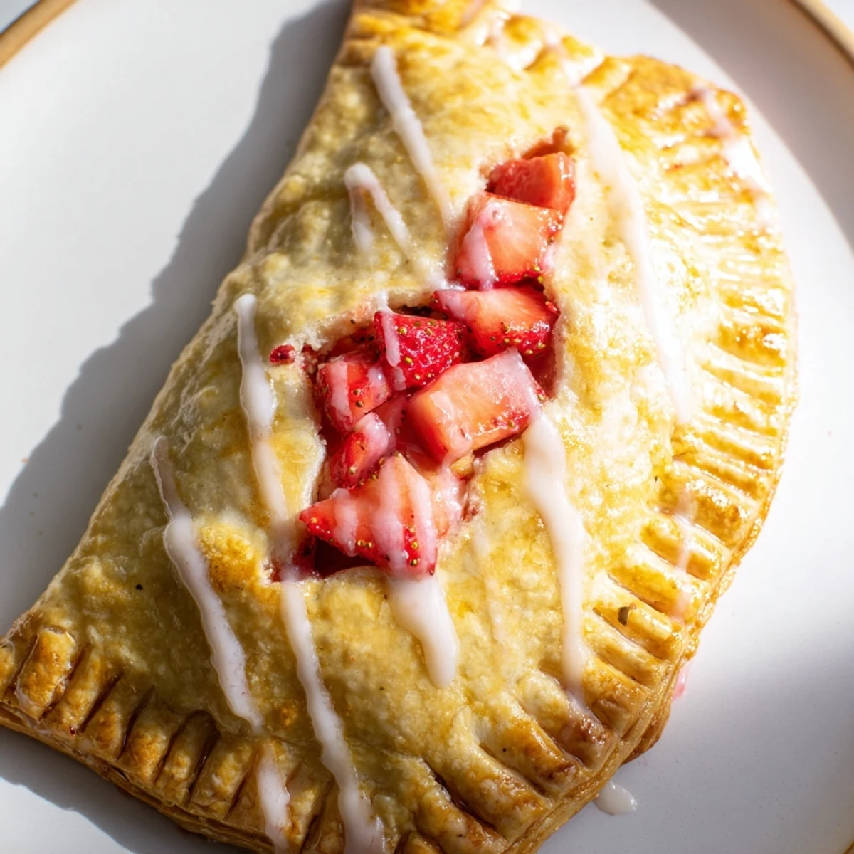 Golden-brown Strawberry Hand Pies with Glaze sitting on a rustic wooden table, ready to serve as dessert.