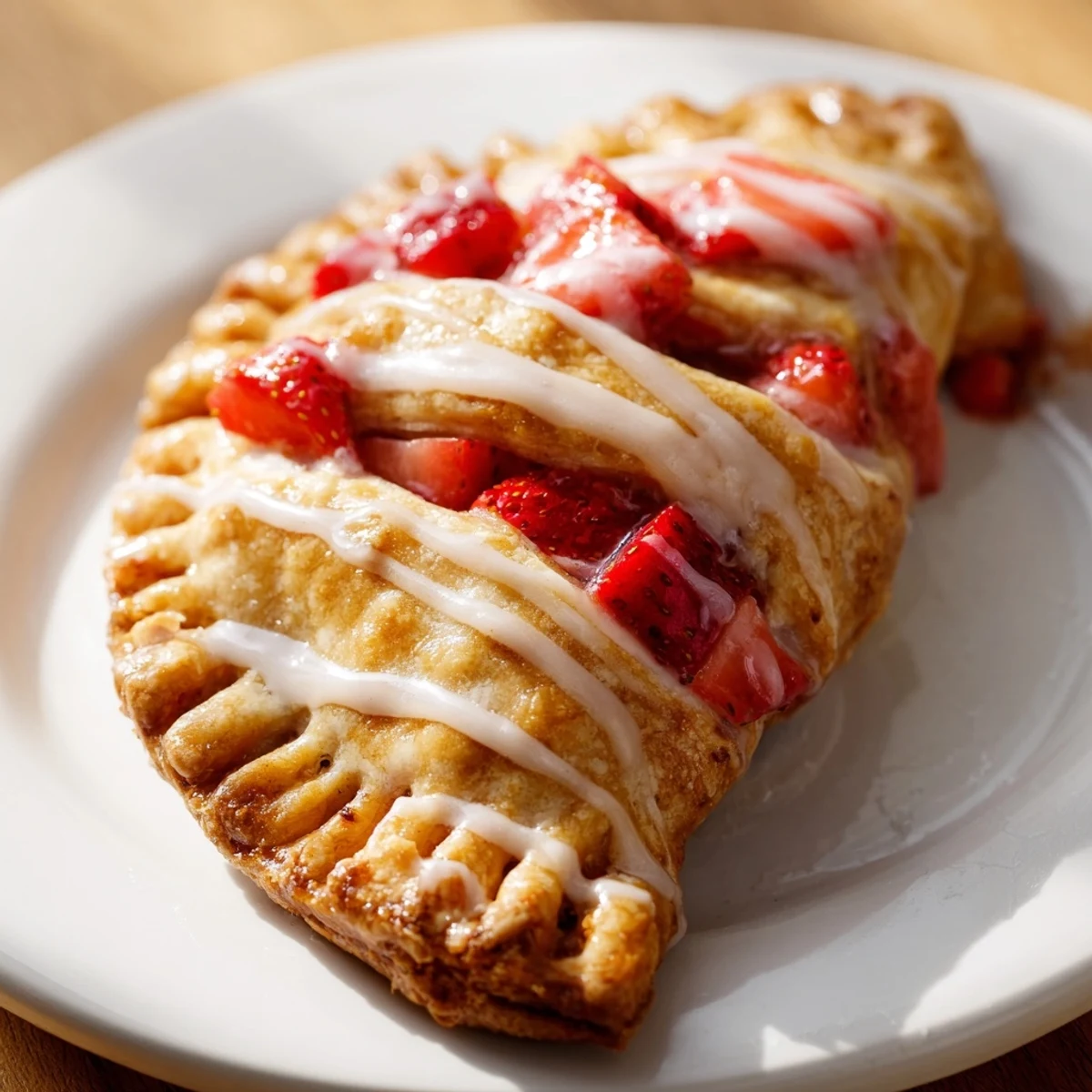 Homemade Strawberry Hand Pies with Glaze drizzled over flaky crusts, paired with fresh strawberries for garnish.