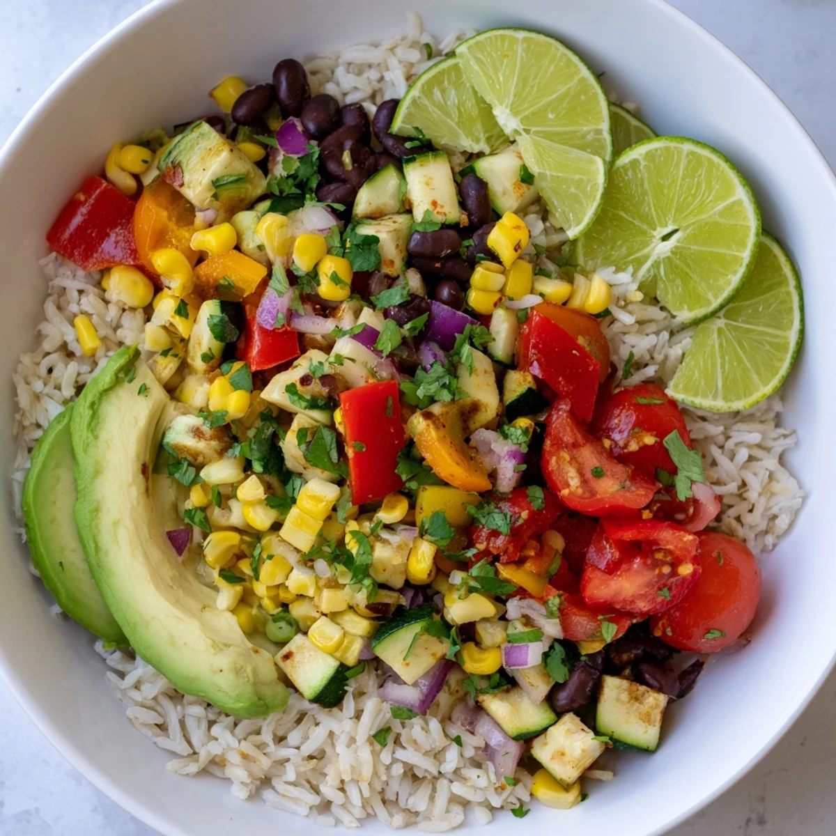 A close-up of a vibrant Veggie Rice Bowl with Cajun spices, showing colorful peppers, black beans, and fresh cilantro.