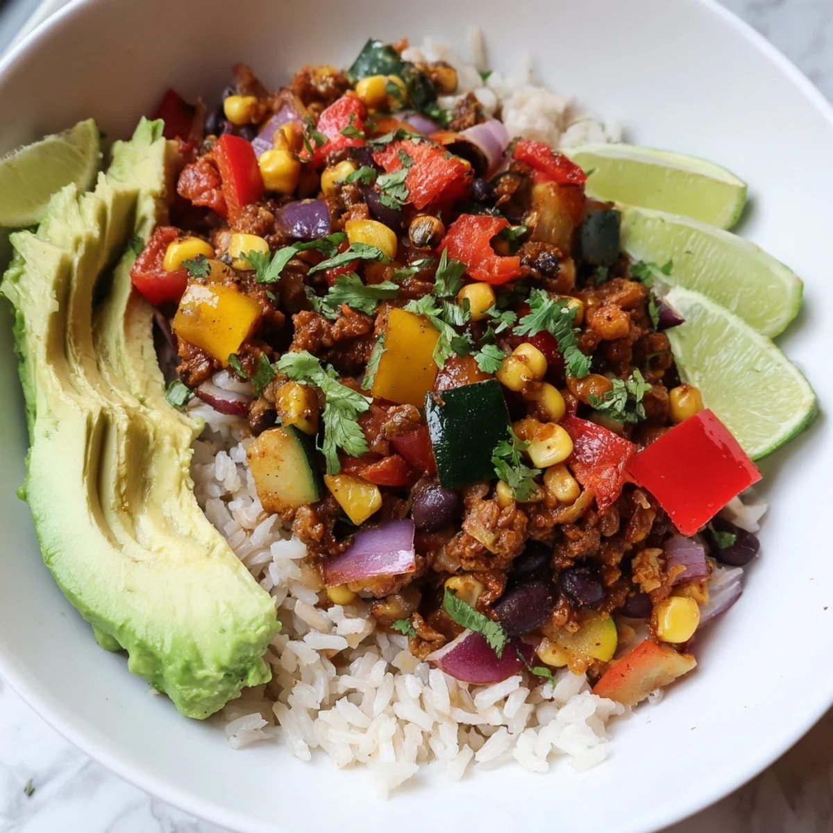 Sizzling skillet of Cajun-spiced vegetables and black beans being spooned over fluffy rice for a complete meal.