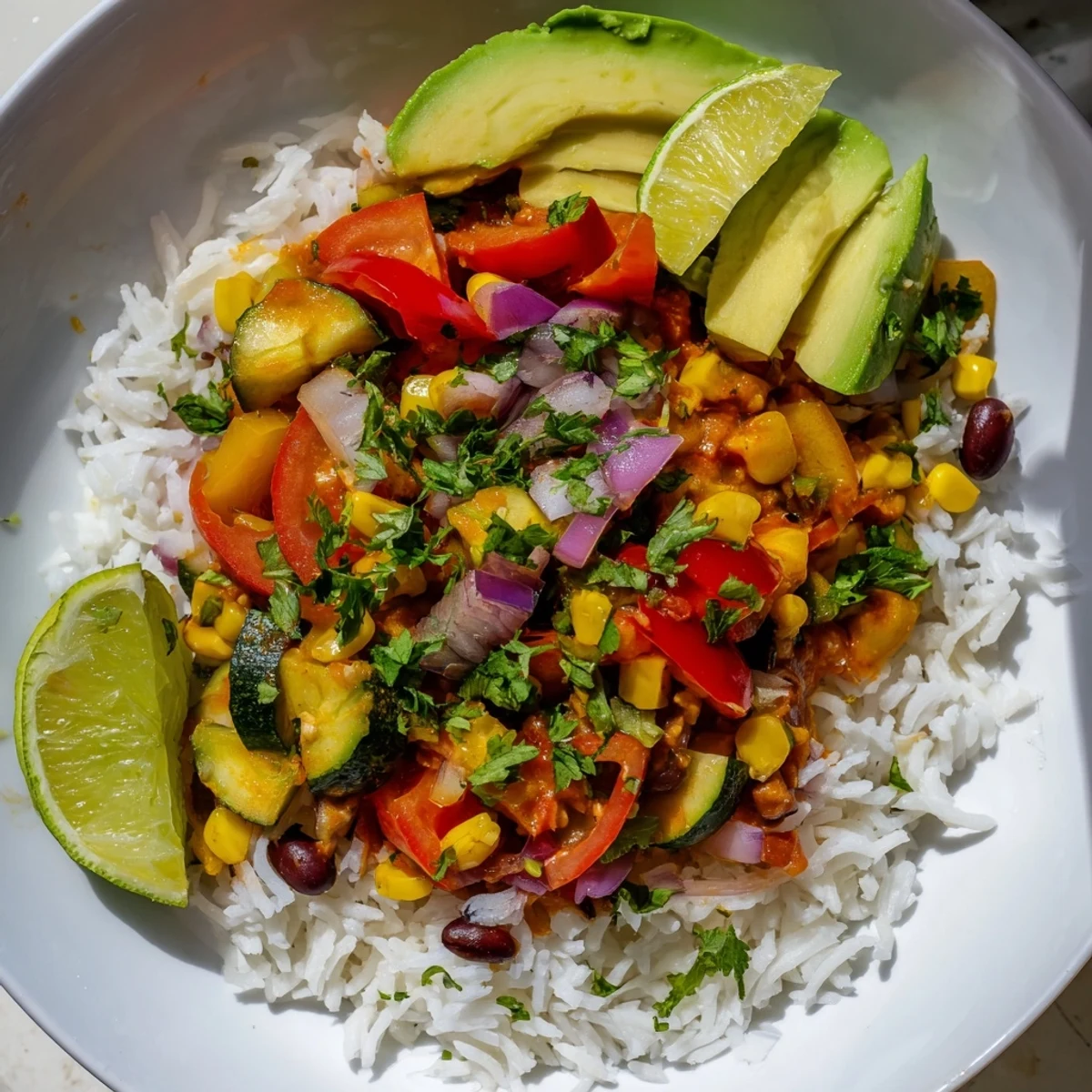 Top-down view of a hearty Veggie Rice Bowl, garnished with lime wedges and creamy avocado slices on a rustic table.