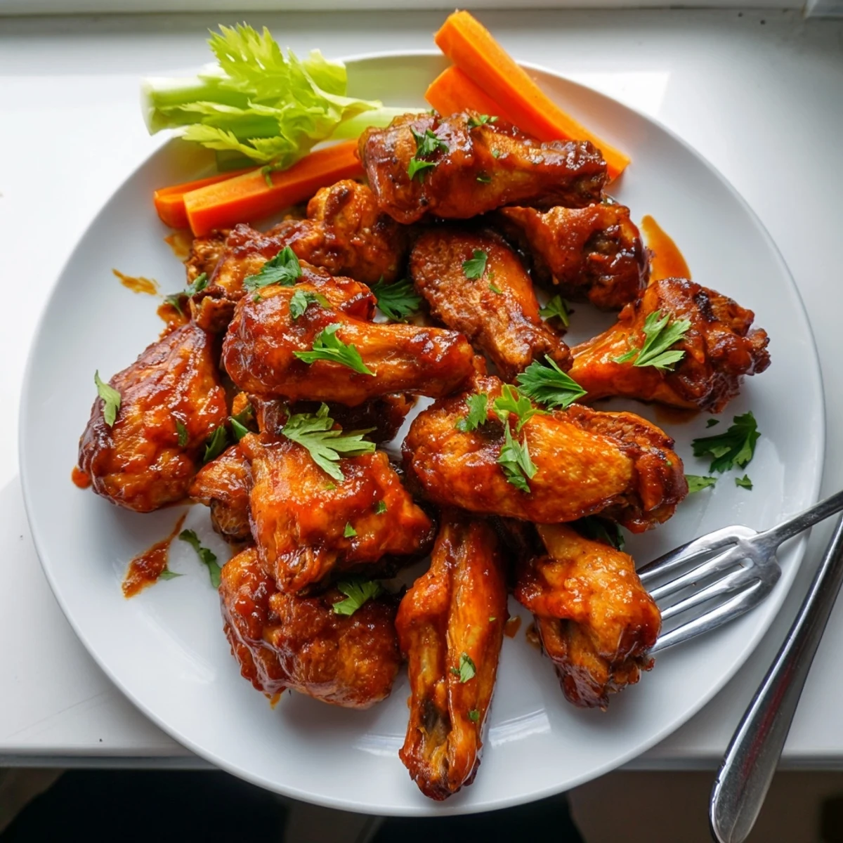 Golden crispy chicken wing platter, finished with fresh parsley on a rustic serving board.