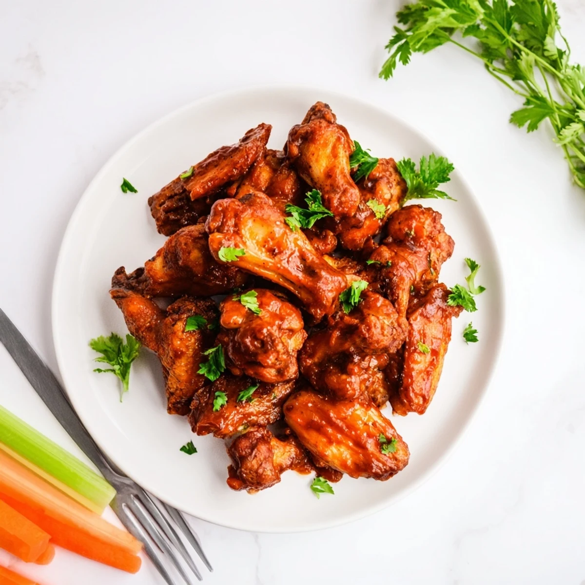 Oven-baked chicken wing platter glistening with smoky BBQ sauce, celery sticks alongside for dipping.