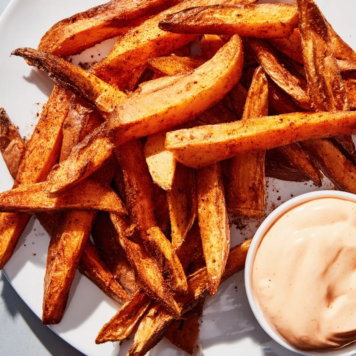 Golden, crispy Cajun Spiced Fries arranged on a plate next to a small bowl of creamy spicy mayo, garnished with fresh parsley.