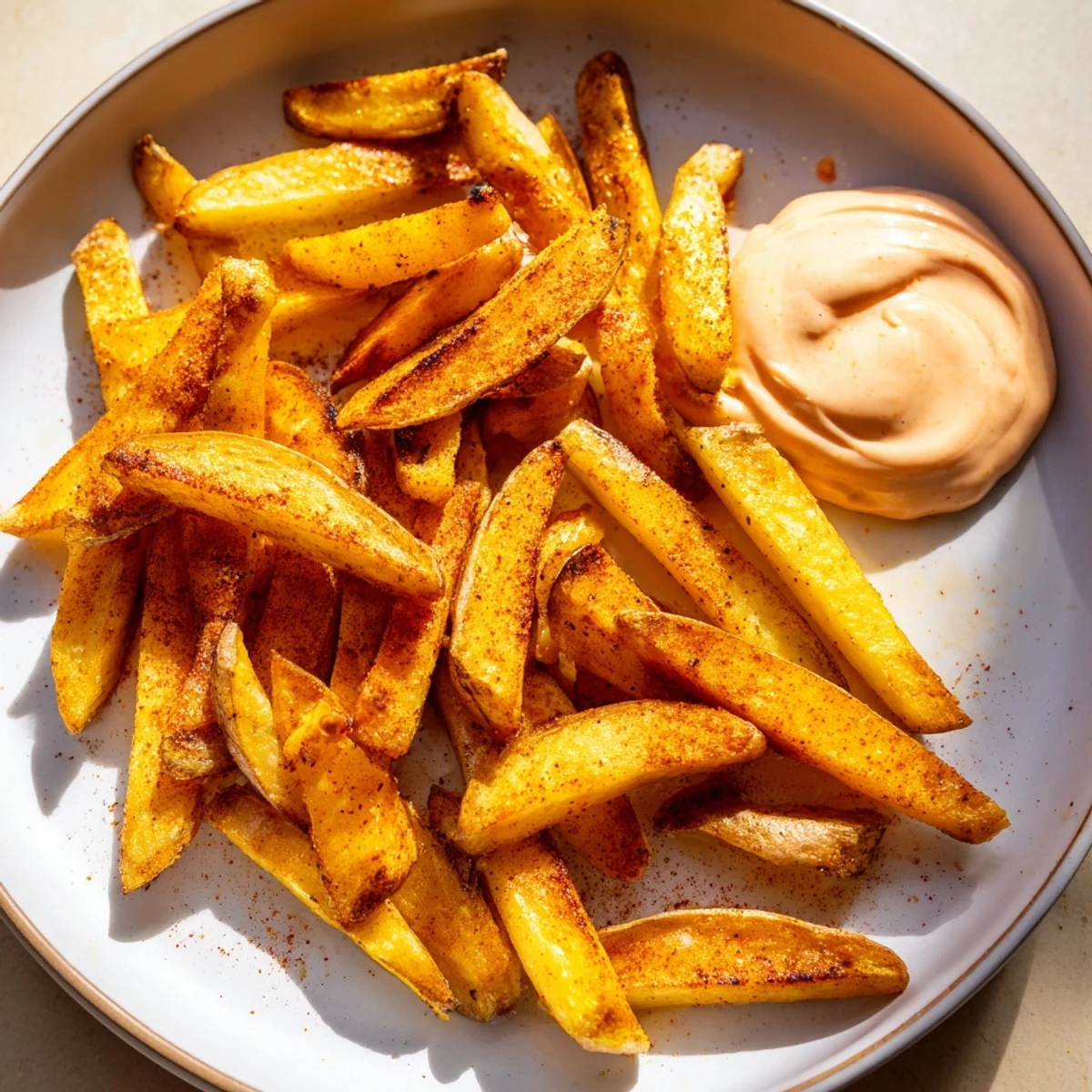 A close-up view of seasoned Cajun Spiced Fries showcasing their crunchy texture and smoky paprika seasoning, ready to be dipped.