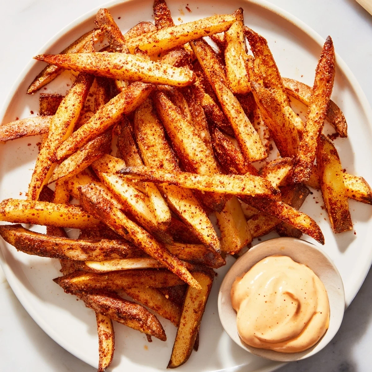 Freshly baked Cajun Spiced Fries served hot as a savory side dish, accompanied by a zesty and creamy spicy mayo dip.