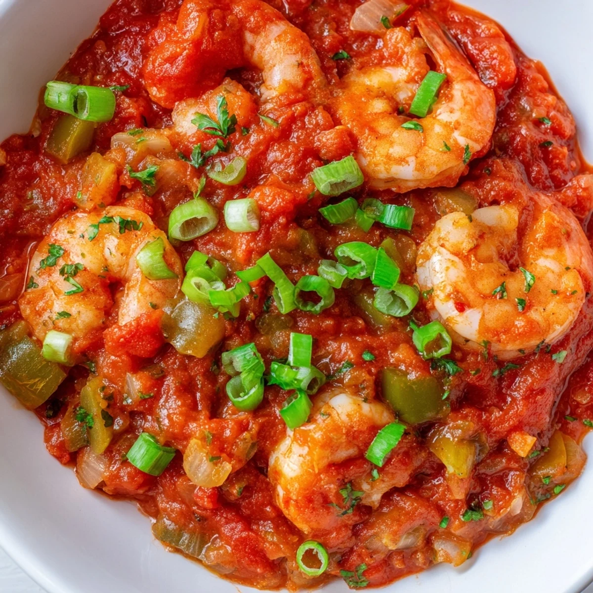 A vibrant bowl of Mardi Gras Shrimp Creole with tender shrimp and peppers served over fluffy white rice.