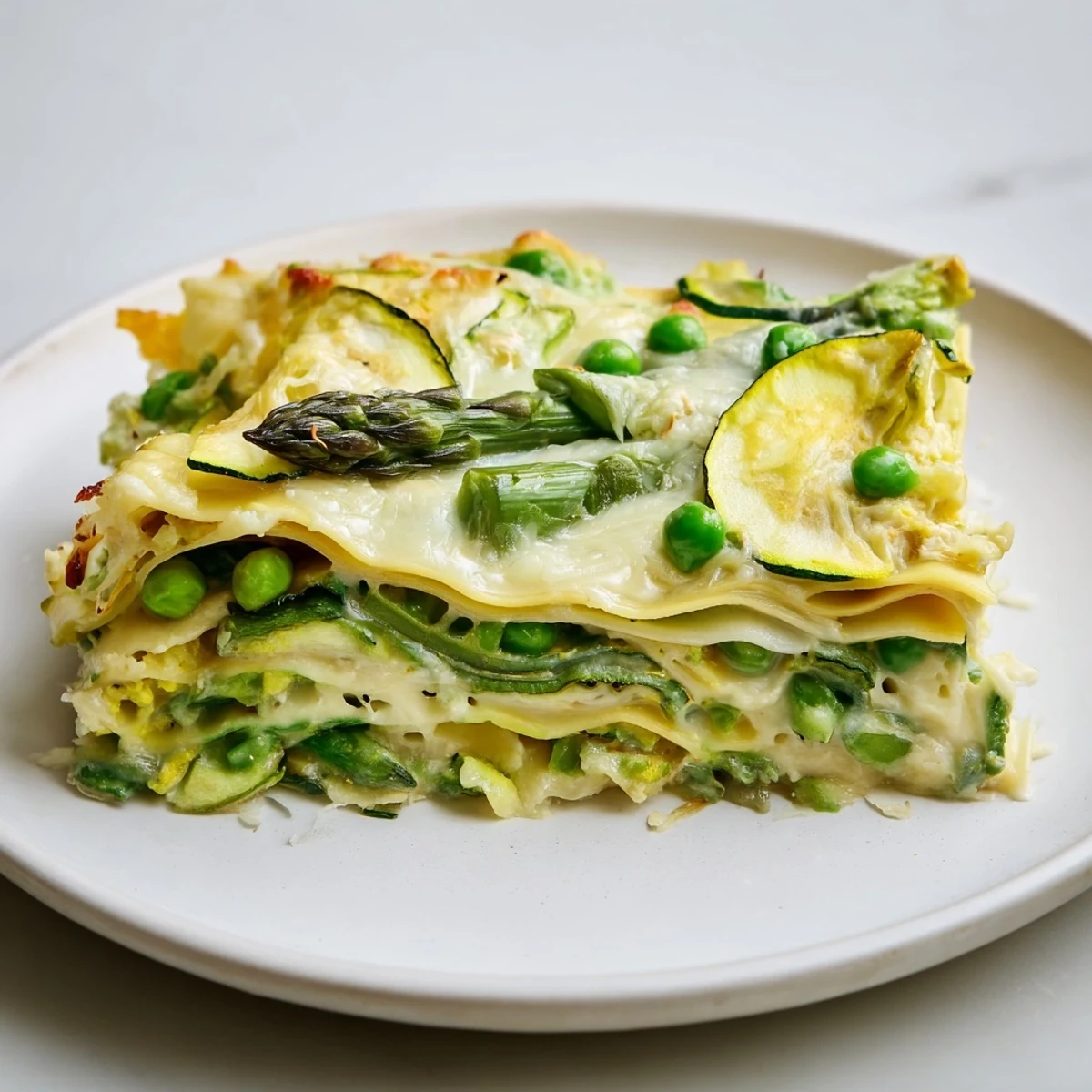 Spring Vegetable Lasagna with White Sauce layered with tender zucchini, asparagus, and peas in a creamy béchamel sauce, served in a baking dish.  