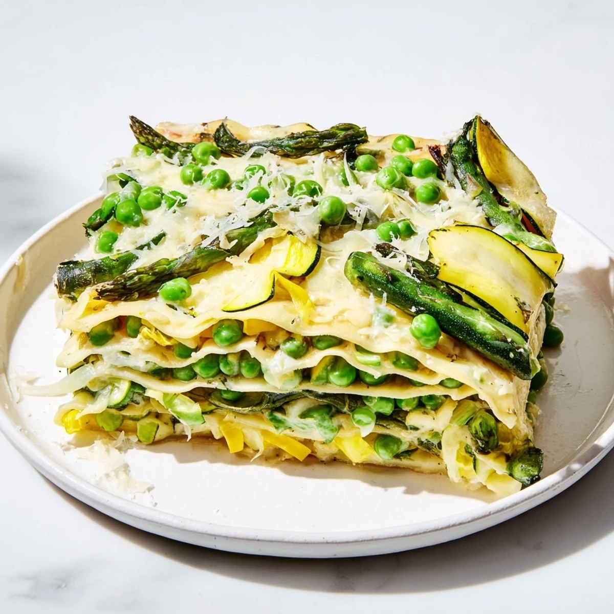 A close-up of Spring Vegetable Lasagna with White Sauce showcases melted mozzarella, golden Parmesan crust, and vibrant spring vegetables on a rustic table setting.