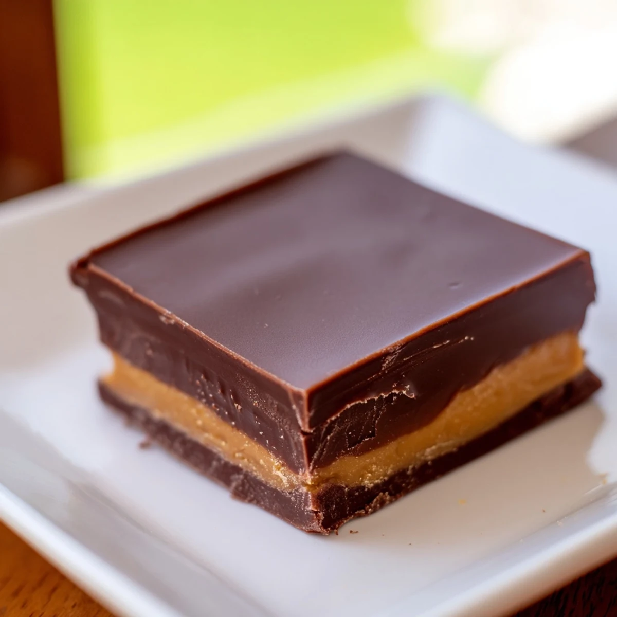 A close-up of chilled chocolate peanut butter fudge pieces dusted with powdered sugar, served on a rustic wooden board.  
