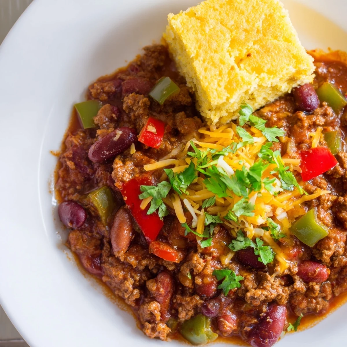 Steaming beef and bean chili sits beside a golden square of tender cornbread on a rustic table.