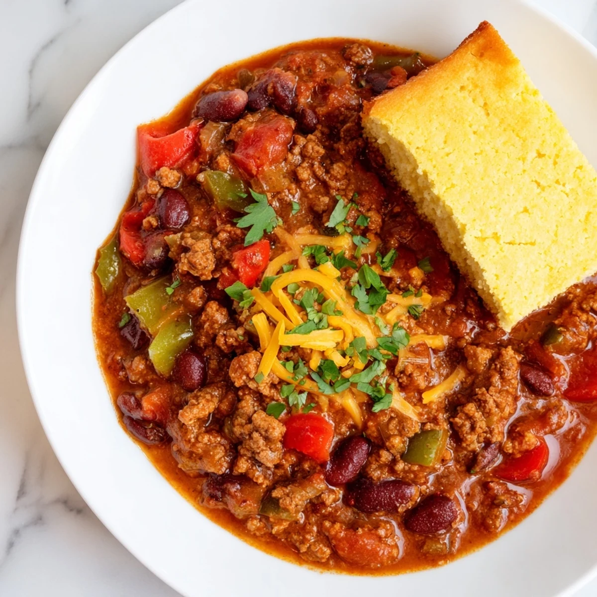 A close-up of hearty beef chili topped with cheese, alongside a slice of buttery cornbread.