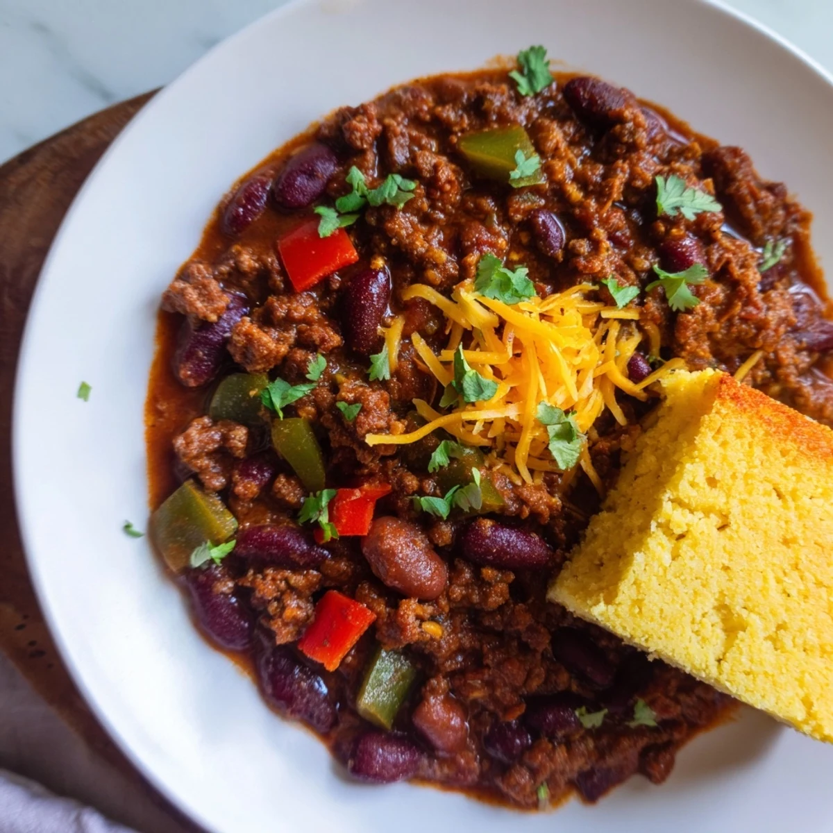 Warm, savory chili with kidney beans is served in a bowl next to a piece of cornbread.