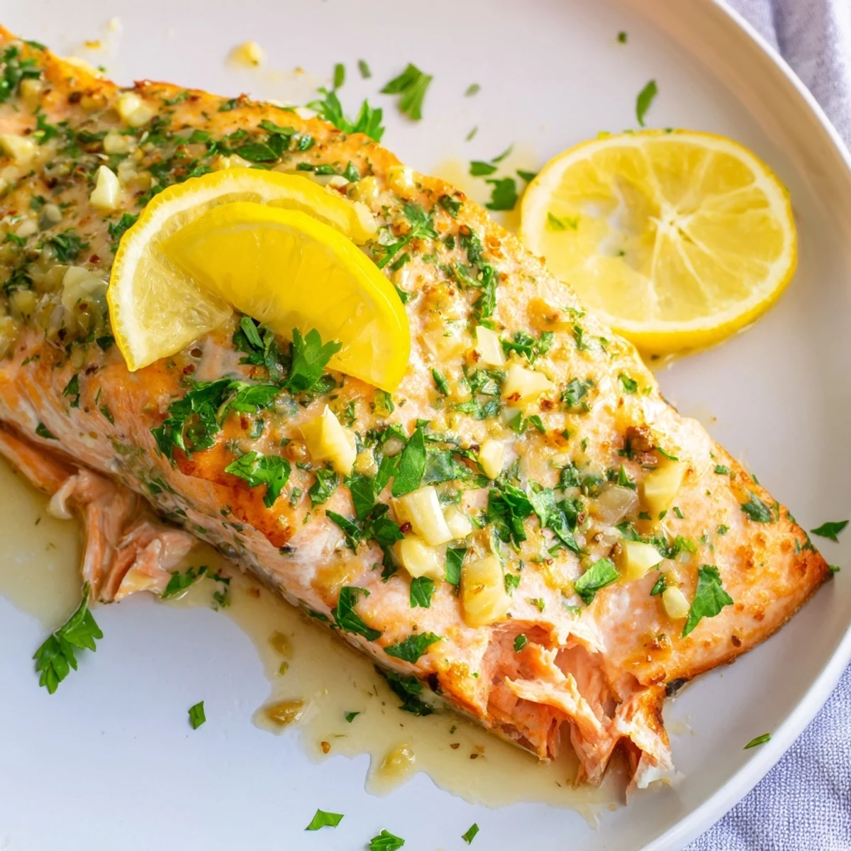 Golden baked Lemon Garlic Butter Salmon fillets glistening with melted butter and lemon slices, served on a white plate with fresh parsley garnish.