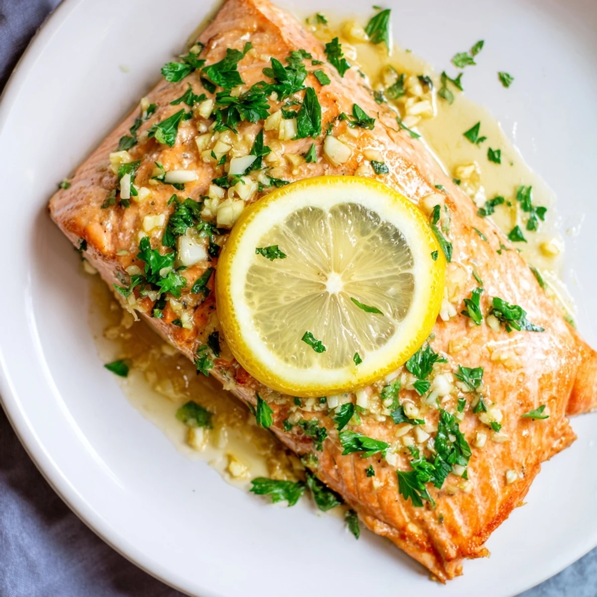 A close-up view of tender Lemon Garlic Butter Salmon flaking easily with a fork, drizzled in a vibrant garlic and lemon zest sauce.