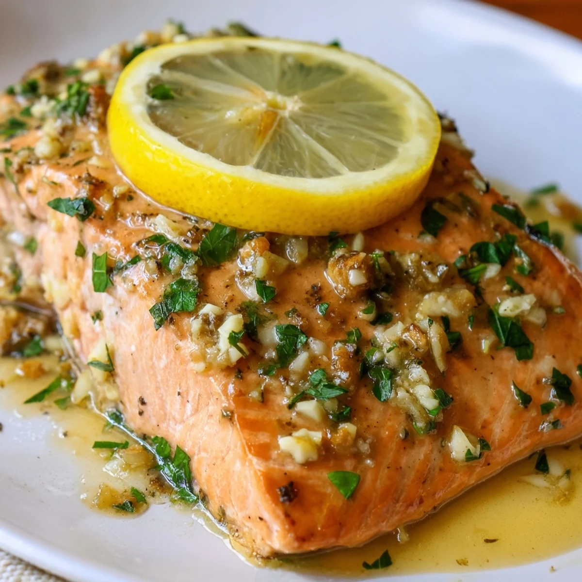 Lemon Garlic Butter Salmon resting on a parchment-lined baking sheet, garnished with fresh parsley and lemon slices, ready to serve.
