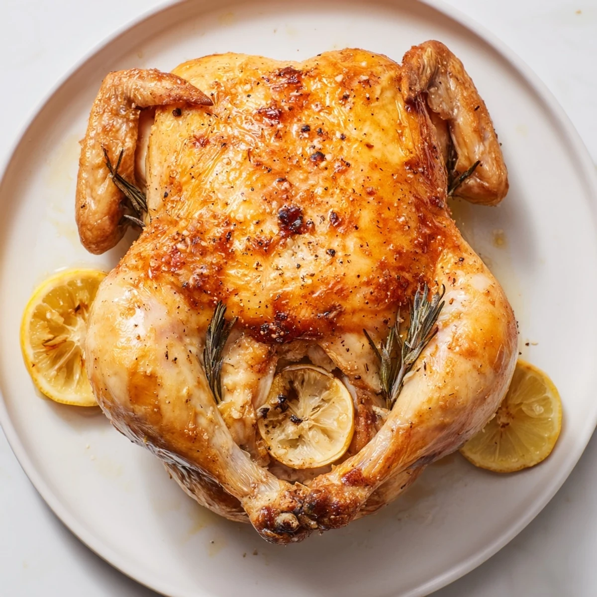 Golden roasted chicken with lemon and herbs glistens in a pan, served with tender roasted carrots and celery for a comforting dinner.  