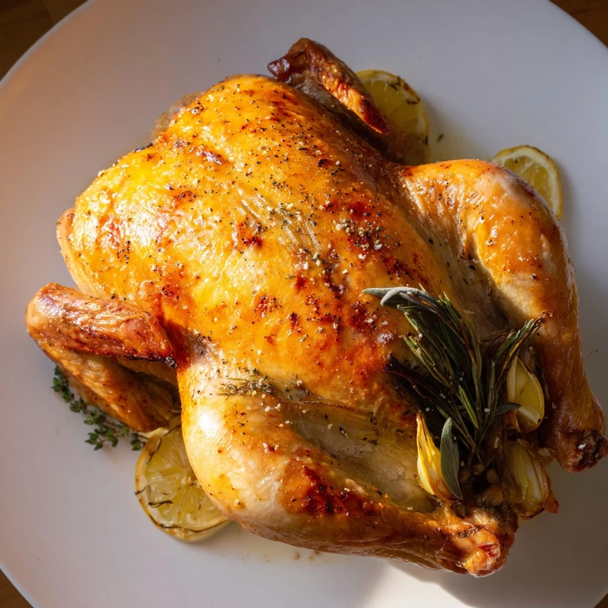 A whole roasted chicken with lemon and herbs sits on a platter, garnished with fresh rosemary and thyme for an aromatic meal.  