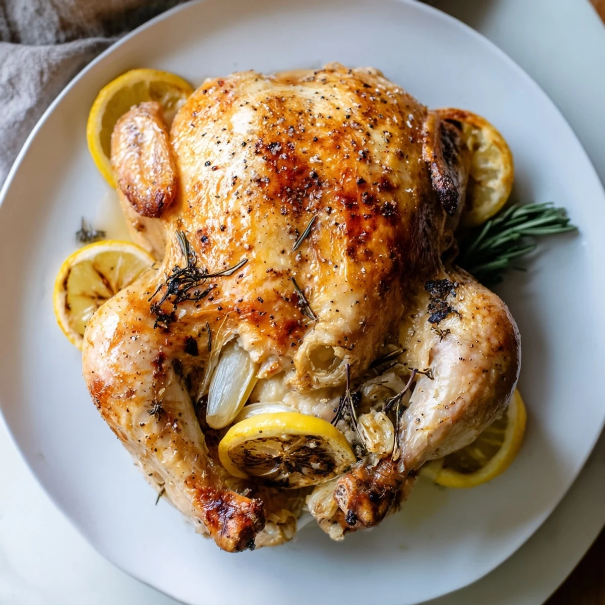 Succulent roasted chicken with lemon and herbs is carved beside pan juices, ready to serve with rustic vegetables and crusty bread.
