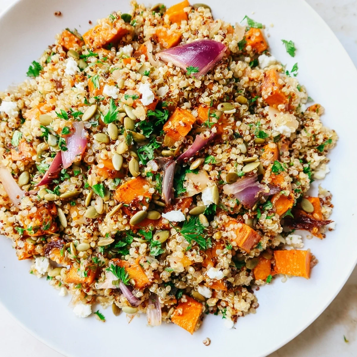 Golden roasted carrots, parsnips, and sweet potato mixed into warm quinoa salad with toasted pumpkin seeds and fresh parsley.
