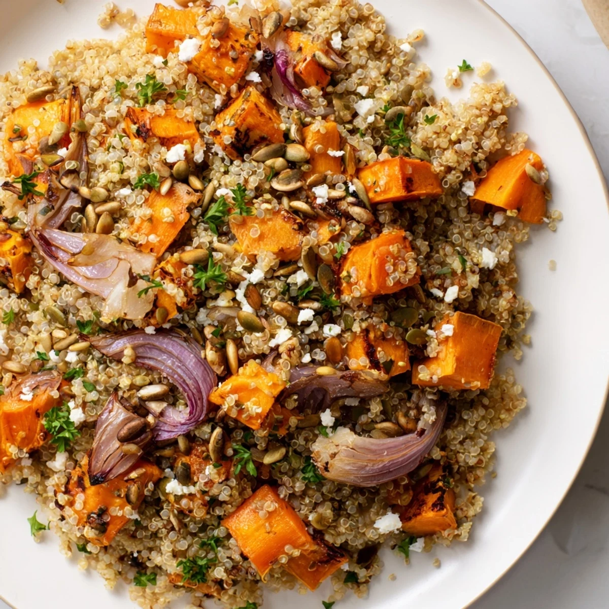 Savory Warm Quinoa Salad with Roasted Root Vegetables served as a colorful, nourishing side dish topped with crumbled feta.