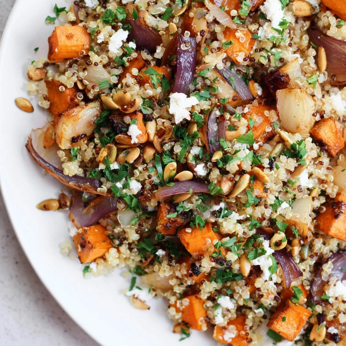 Steaming fluffy quinoa salad with caramelized root vegetables and a zesty apple cider vinaigrette, perfect for a cozy lunch.