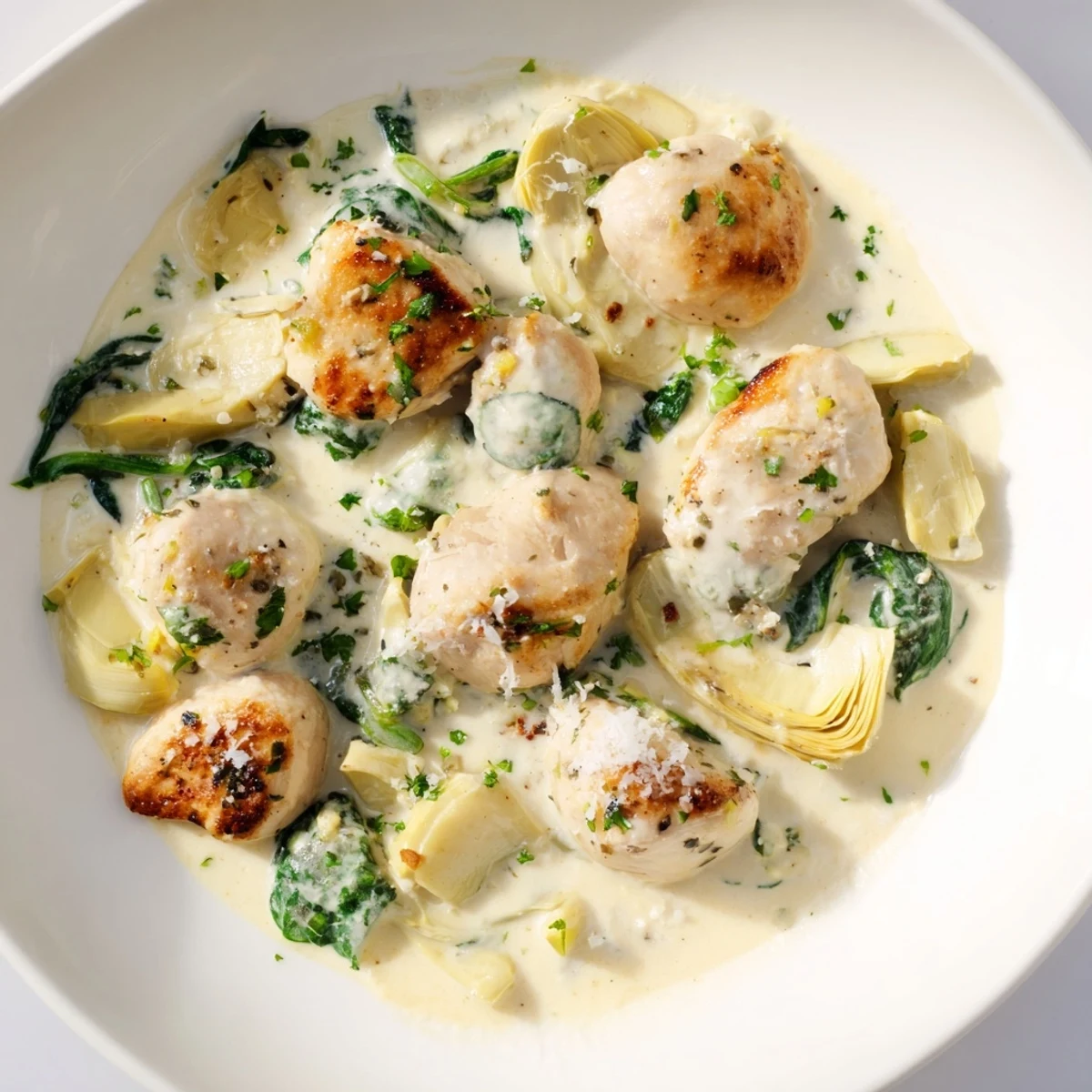 Sizzling golden chicken breasts nestled in a creamy spinach and artichoke chicken skillet, topped with fresh parsley.