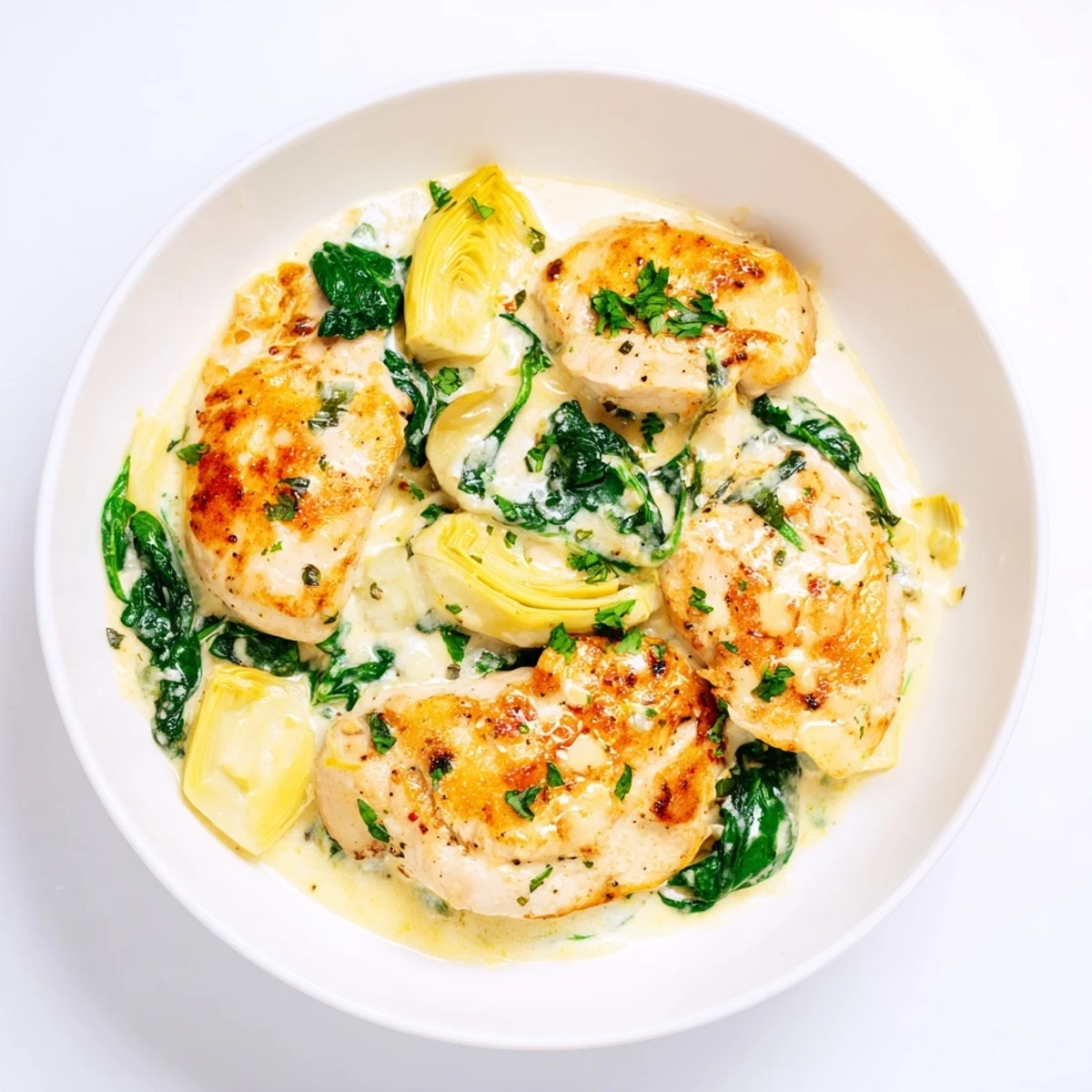 Creamy spinach and artichoke chicken skillet ready to serve, featuring tender chicken in a rich, cheesy herb sauce.