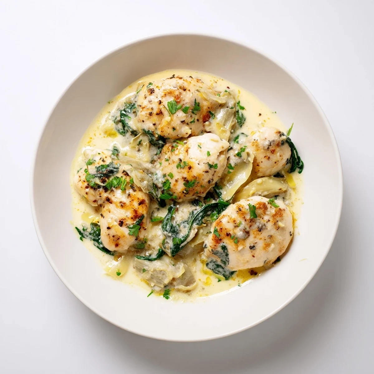 A rustic skillet of creamy spinach and artichoke chicken skillet, garnished with herbs and ideal for a weeknight dinner.