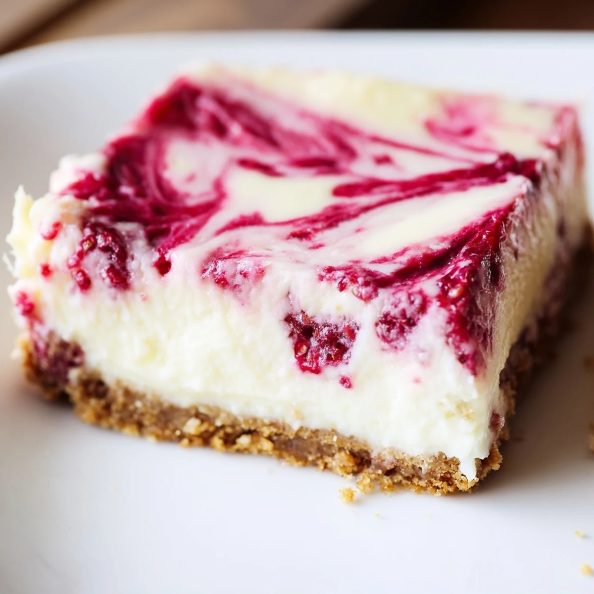 Creamy Raspberry White Chocolate Cheesecake Bars with a buttery graham cracker crust on a marble board.
