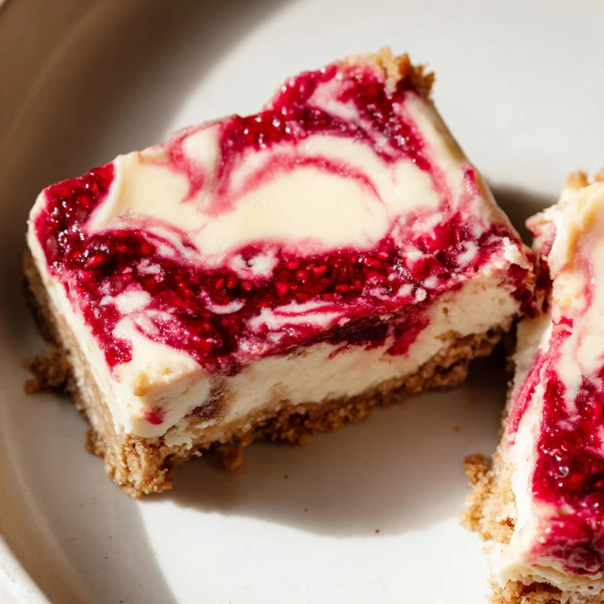 Serve chilled Raspberry White Chocolate Cheesecake Bars on a dessert plate with fresh berries and mint.